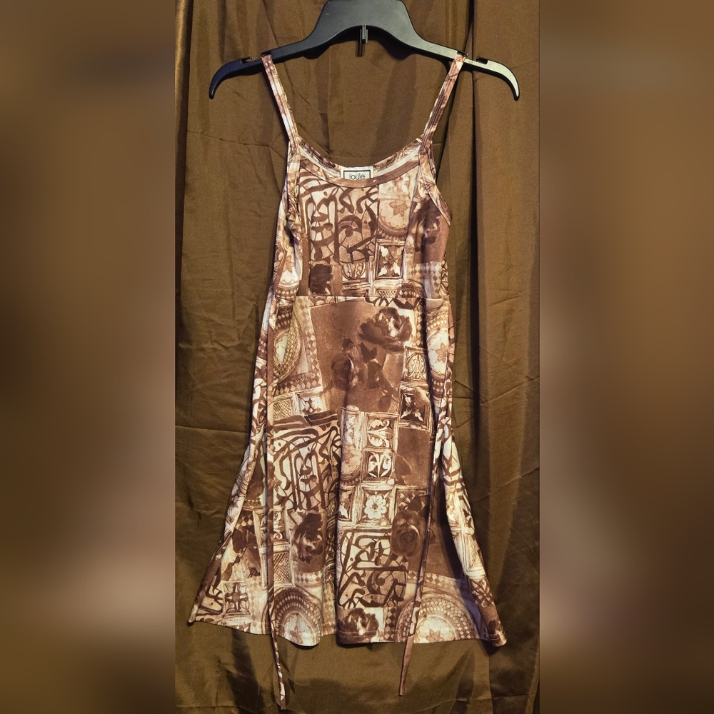 Vintage 90s Joule Brown Abstract Print Spaghetti Strap Dress Tie Back Small Y2K - Picture 4 of 5